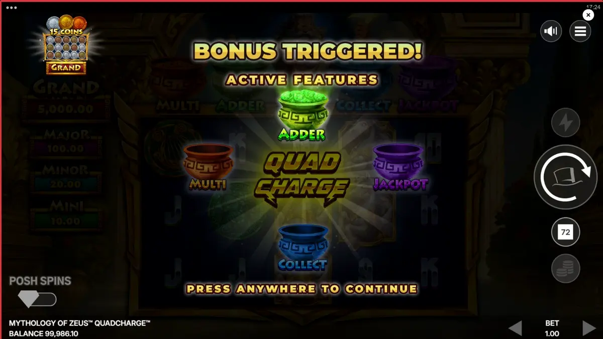 Mythology of Zeus QUADCHARGE slot machine interface