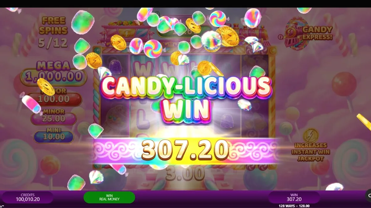 Makulay na interface ng Candy Express Gold Blitz slot na may mga kendi at tren.